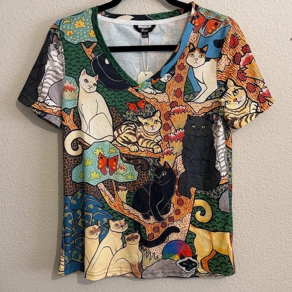 Shall We Cats on Tree Multicolor Print V-Neck Short Sleeve Kitty Lovers